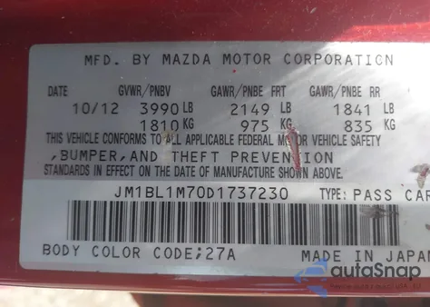 2013 Mazda Mazda3 I Grand Touring z USA, uszkodzony, nr VIN JM1BL1M70D1737230